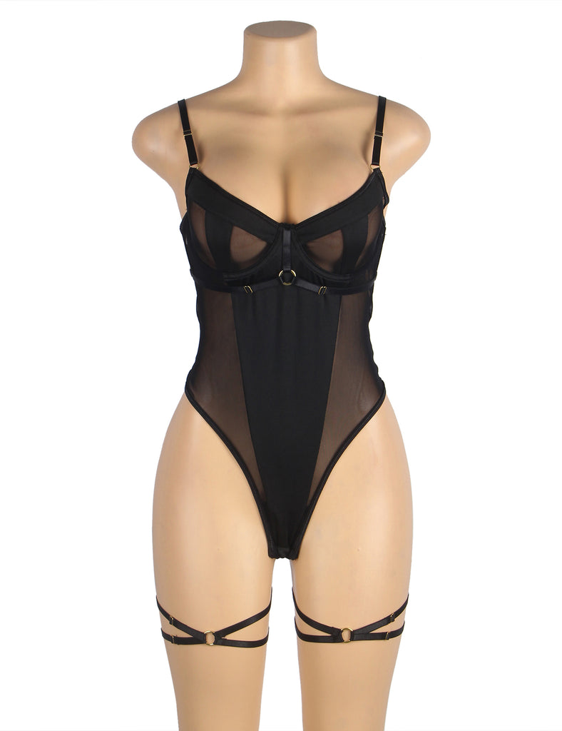 New Black One-piece Mesh Underwire Bodysuit