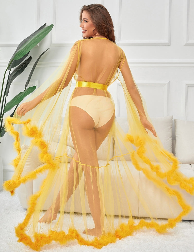 Sexy Plush Edging Mesh Wide Sleeves Robe With Belt
