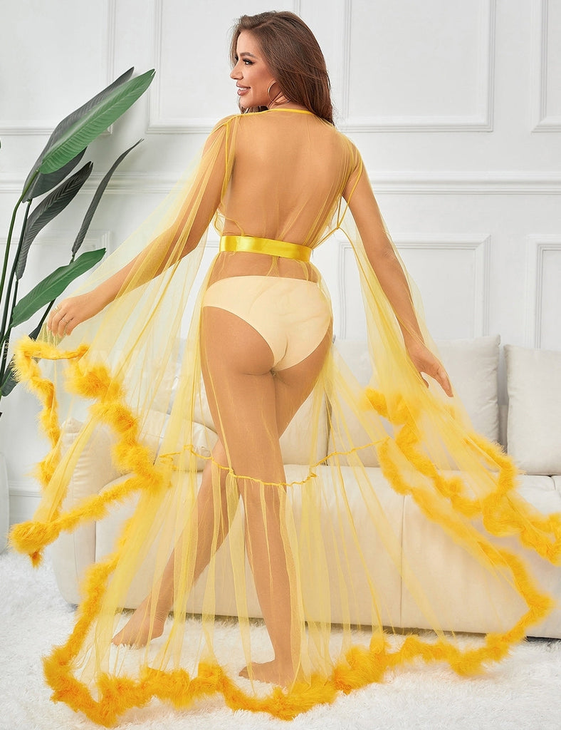 Sexy Egypt Robe Plush Edging Mesh Wide Sleeves With Belt