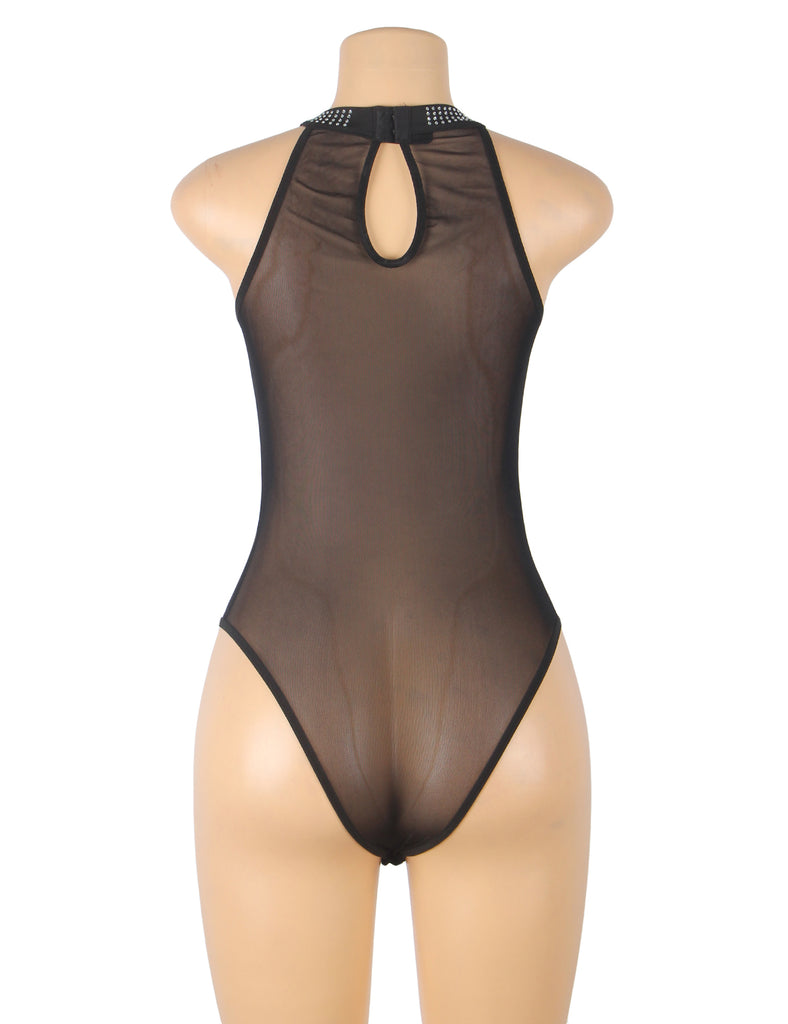 Hot Drill Black Halter Neck Sleeveless Bodysuit