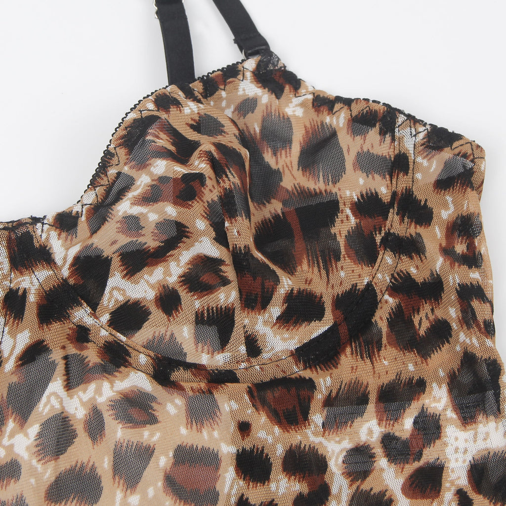 Sexy Leopard Print Strappy Bondage Bodysuit