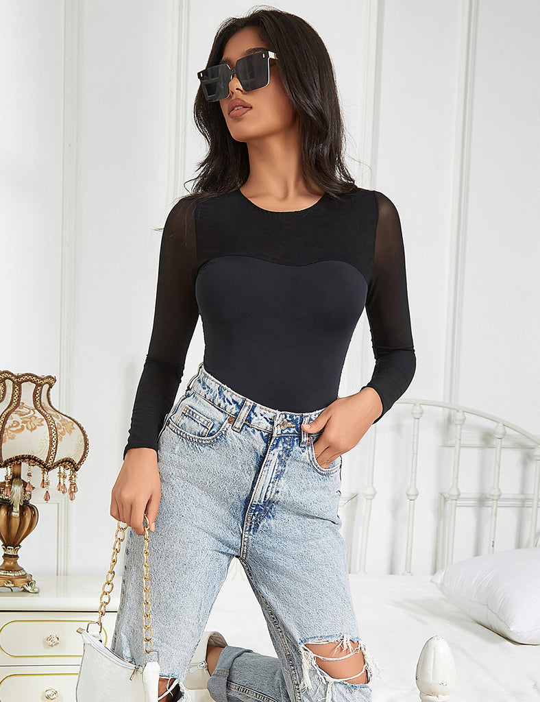 Black Double Layer Long Sleeve Bodysuit