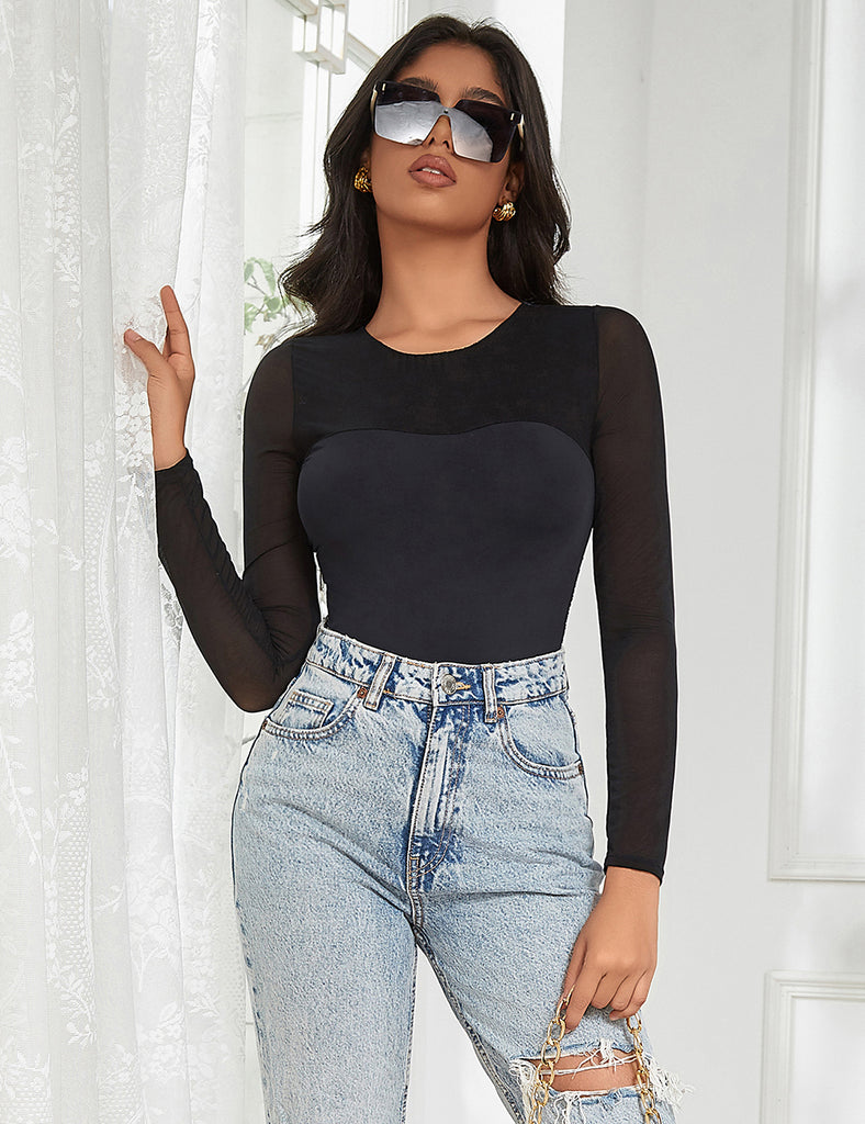 Black Double Layer Long Sleeve Bodysuit