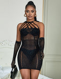 Black Sexy Sparkle Glitter Rhinestone Fishnet Hollow Bodystocking