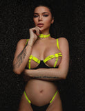Rose & Yellow Sexy Hollow Cut Strappy Two-Color Splicing Bra Set