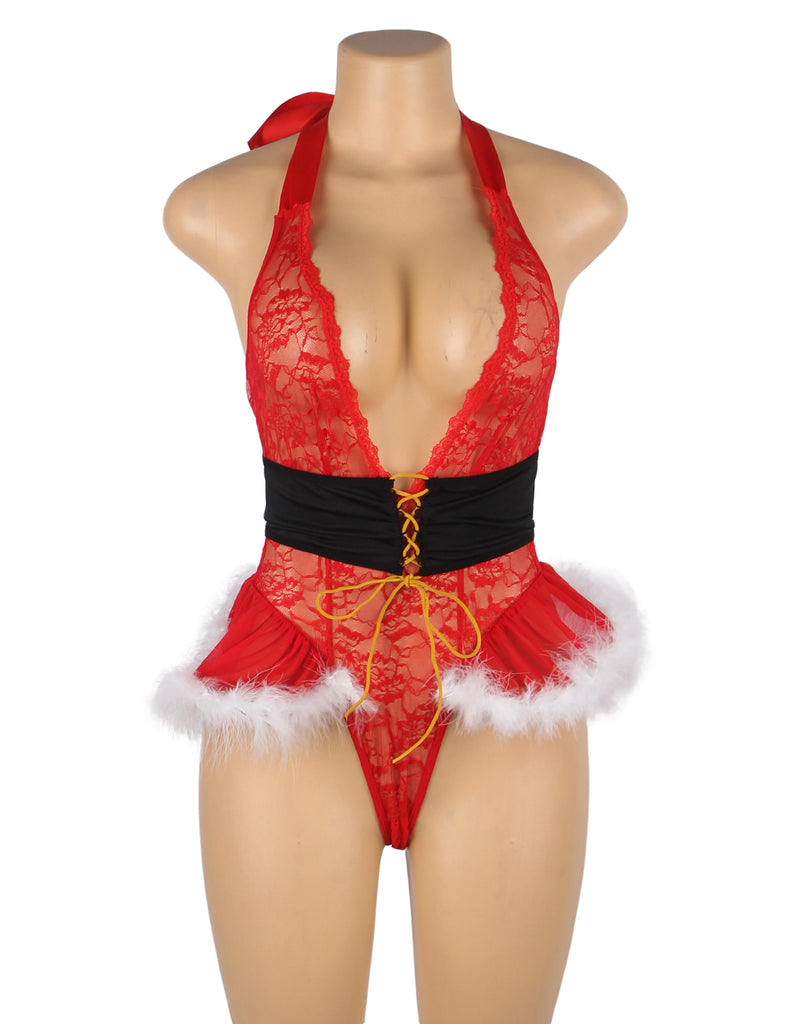 Sexy Red Christmas Type Lace Halter Teddy Lingerie