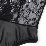Black Sleeveless Lace Deep V-neck Faux Leather Egypt Bodysuit