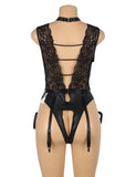 Black Sleeveless Lace Deep V-neck Faux Leather Egypt Bodysuit