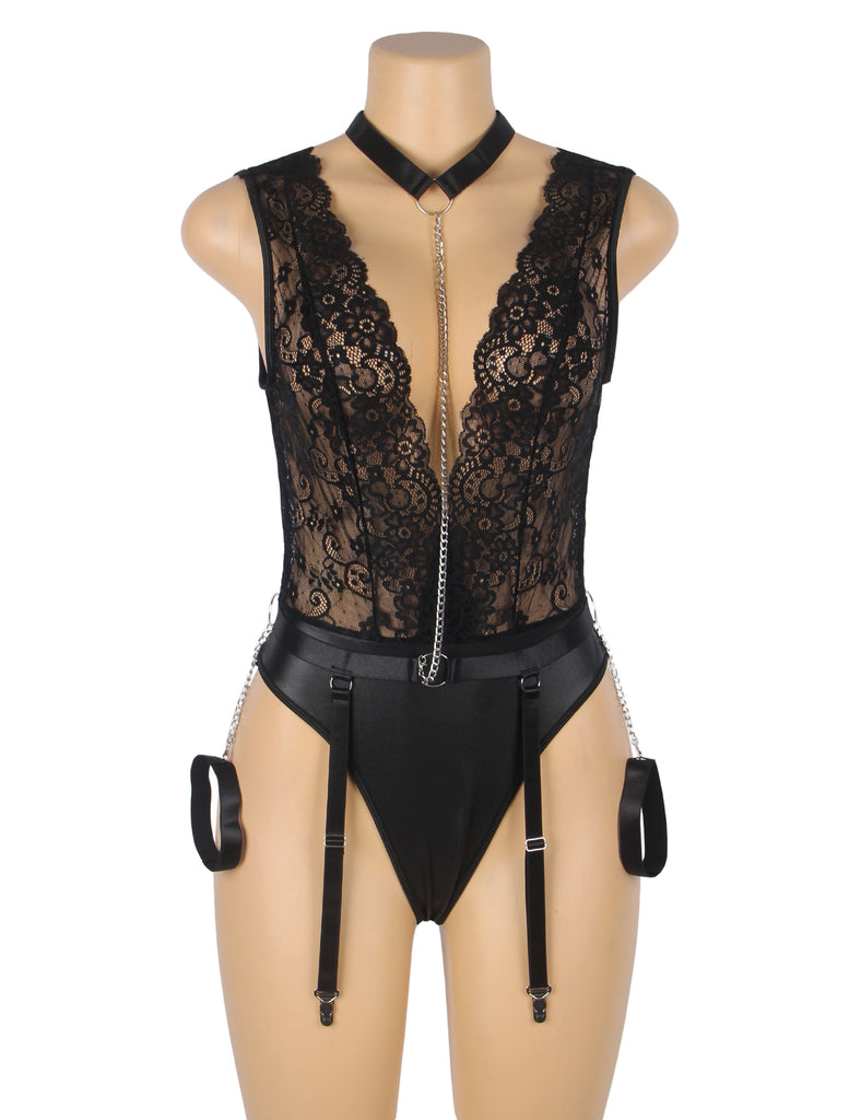 Black Sleeveless Lace Deep V-neck Faux Leather Bodysuit