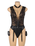 Black Sleeveless Lace Deep V-neck Faux Leather Bodysuit