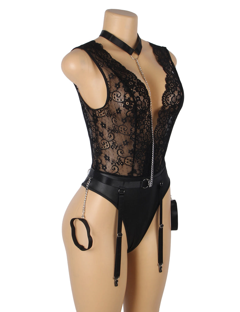 Black Sleeveless Lace Deep V-neck Faux Leather Bodysuit