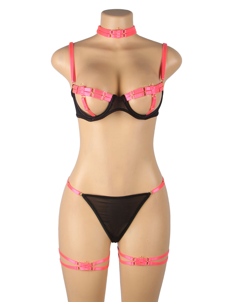 Sexy Hollow Cut Strappy Two-Color Splicing Bra Egypt Set