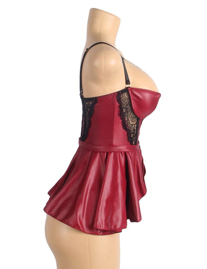 Burgundy Removable Chains Faux Leather Lace Sexy Lingerie