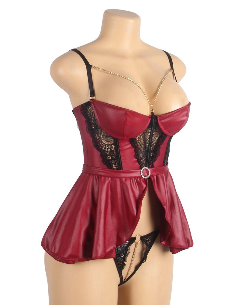 Burgundy Removable Chains Faux Leather Lace Sexy Lingerie