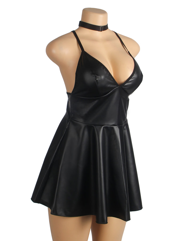 Black PU leather Suspender Sexy Nightdress