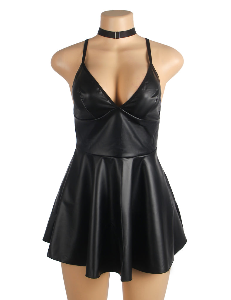 Black PU leather Suspender Sexy Nightdress