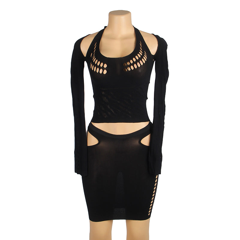 Black Sexy Egypt Long Sleeves Hollow Cut Bodystocking Set