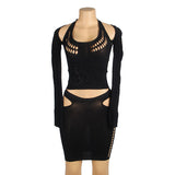 Black Sexy Egypt Long Sleeves Hollow Cut Bodystocking Set