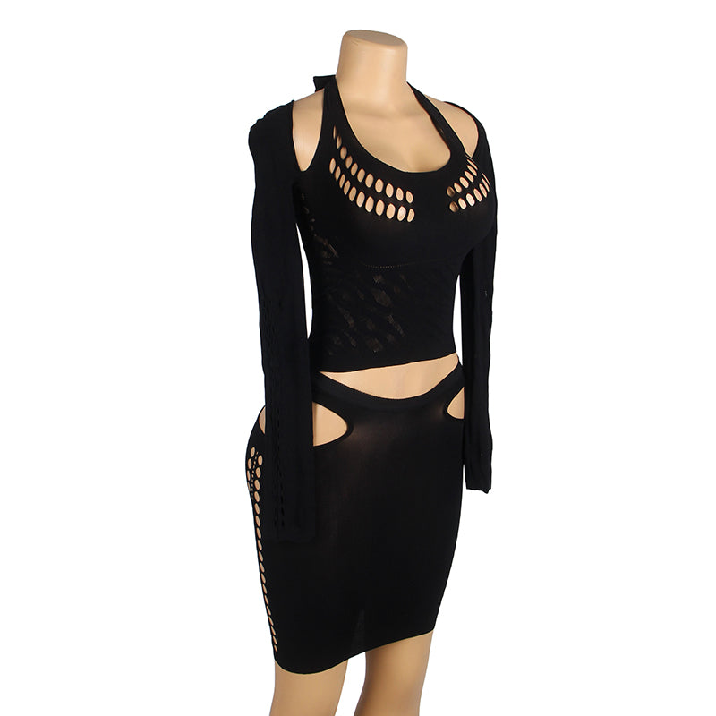 Black Sexy Egypt Long Sleeves Hollow Cut Bodystocking Set
