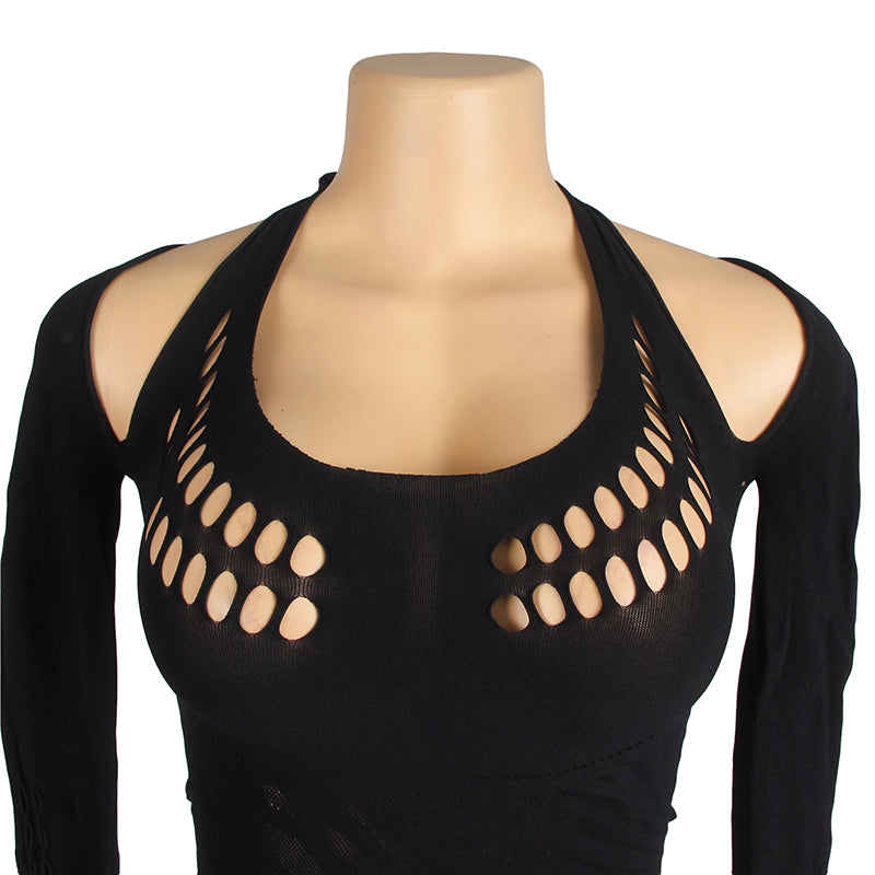 Black Sexy Egypt Long Sleeves Hollow Cut Bodystocking Set