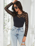 Long Sleeve Openable Crotch Mesh Black Bodysuit