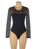 Long Sleeve Openable Crotch Mesh Black Bodysuit