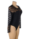 Long Sleeve Openable Crotch Mesh Black Bodysuit