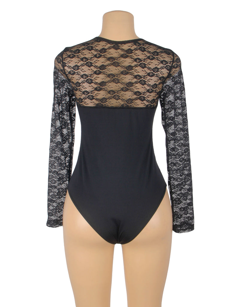 Long Sleeve Openable Crotch Mesh Black Bodysuit