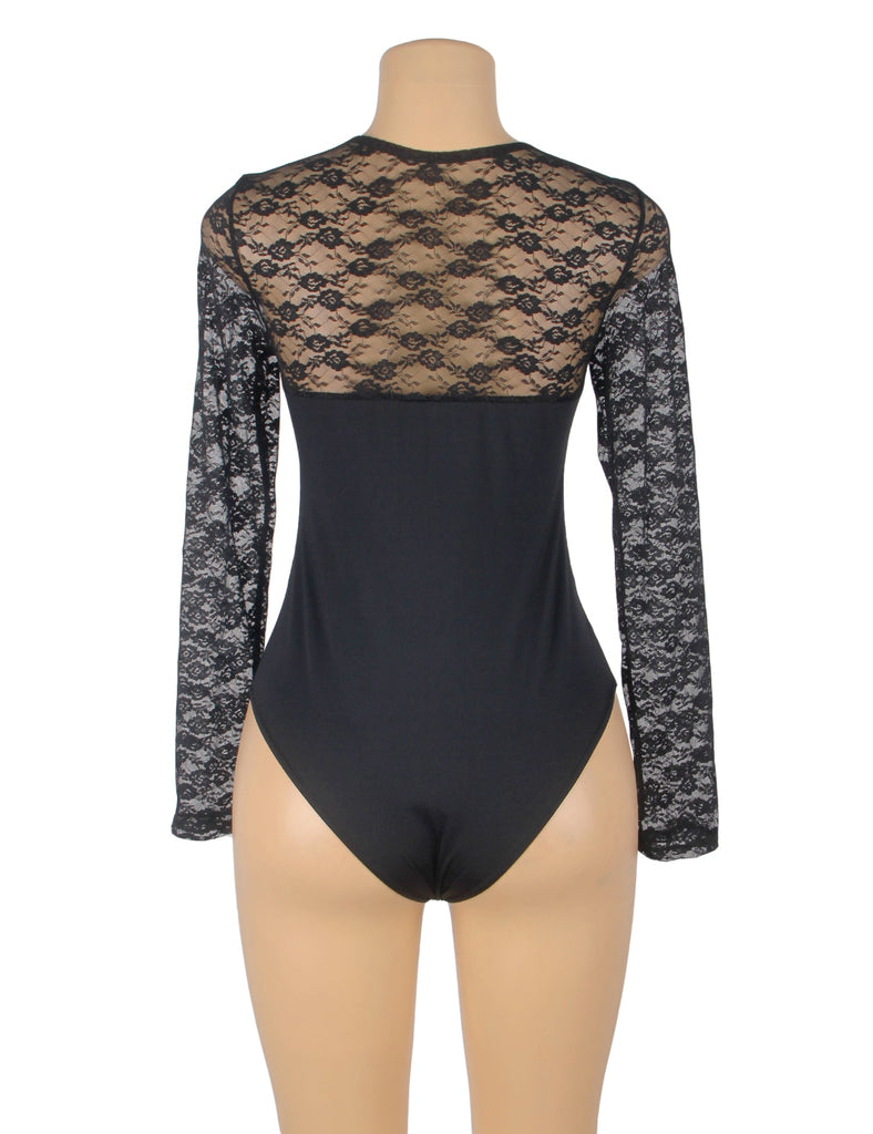 Long Sleeve Openable Crotch Mesh Black Bodysuit