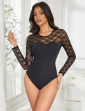 Long Sleeve Openable Crotch Mesh Black Bodysuit