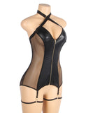 Black Mesh PU Leather Deep V-Neck Halter Sexy Egypt Lingerie