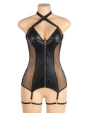 Black Mesh PU Leather Deep V-Neck Halter Sexy Egypt Lingerie