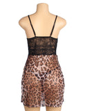 Leopard Print Mesh Lace Side Slit Sexy Lingerie With Chains