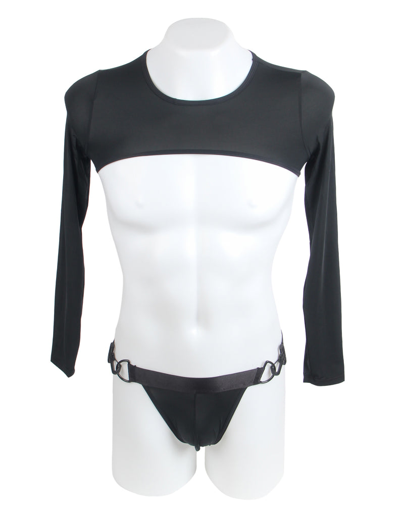Black Ice Silk Long Sleeves Crop Top Sexy Men Lingerie Set