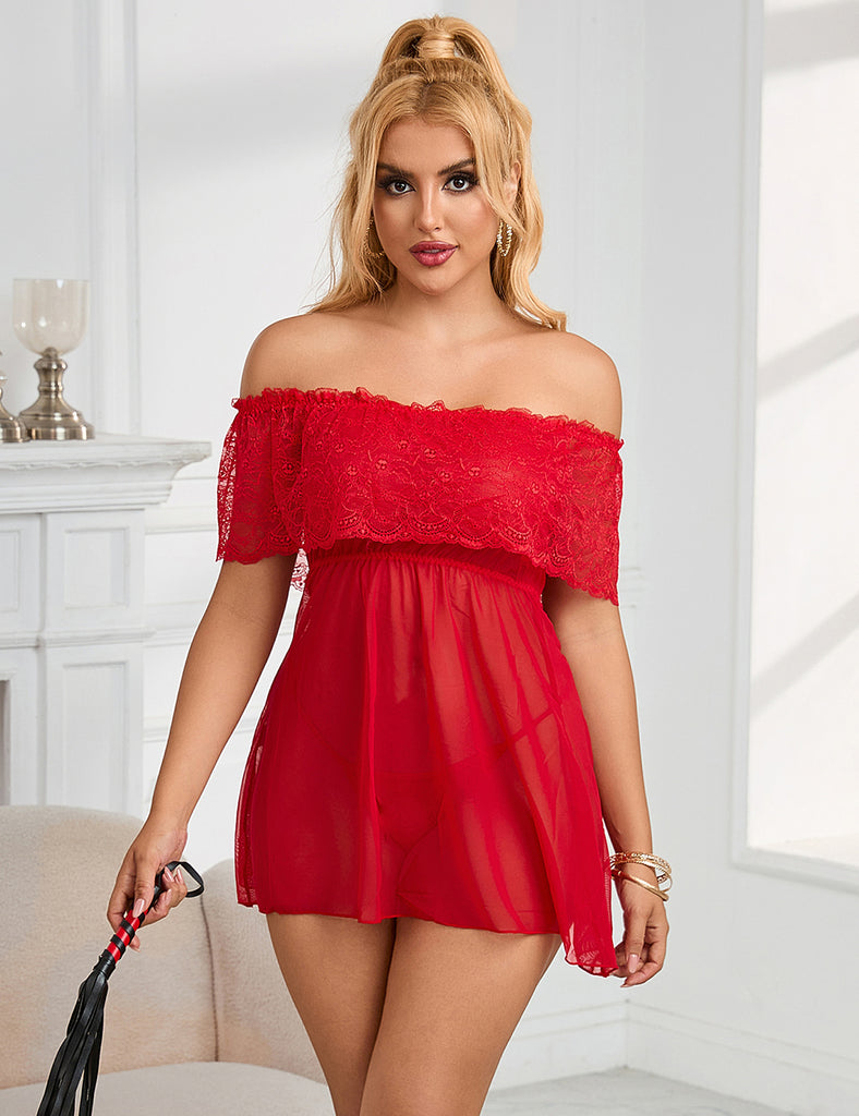 Plus Size Valentine's Day Style Red Off-Shoulder Lace Sexy Babydoll