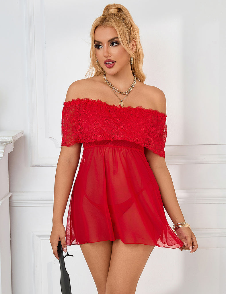 Plus Size Valentine's Day Style Red Off-Shoulder Lace Sexy Babydoll