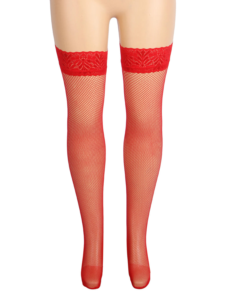 White & Black & Red  Fishnets Thigh High Stockings Silicone Lace Top Stay Up Sheer Hosiery