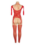 Christmas Egypt Red Sexy Bow Plush Decoration Long Sleeves Fishnet Bodystocking