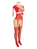 Christmas Egypt Red Sexy Bow Plush Decoration Long Sleeves Fishnet Bodystocking