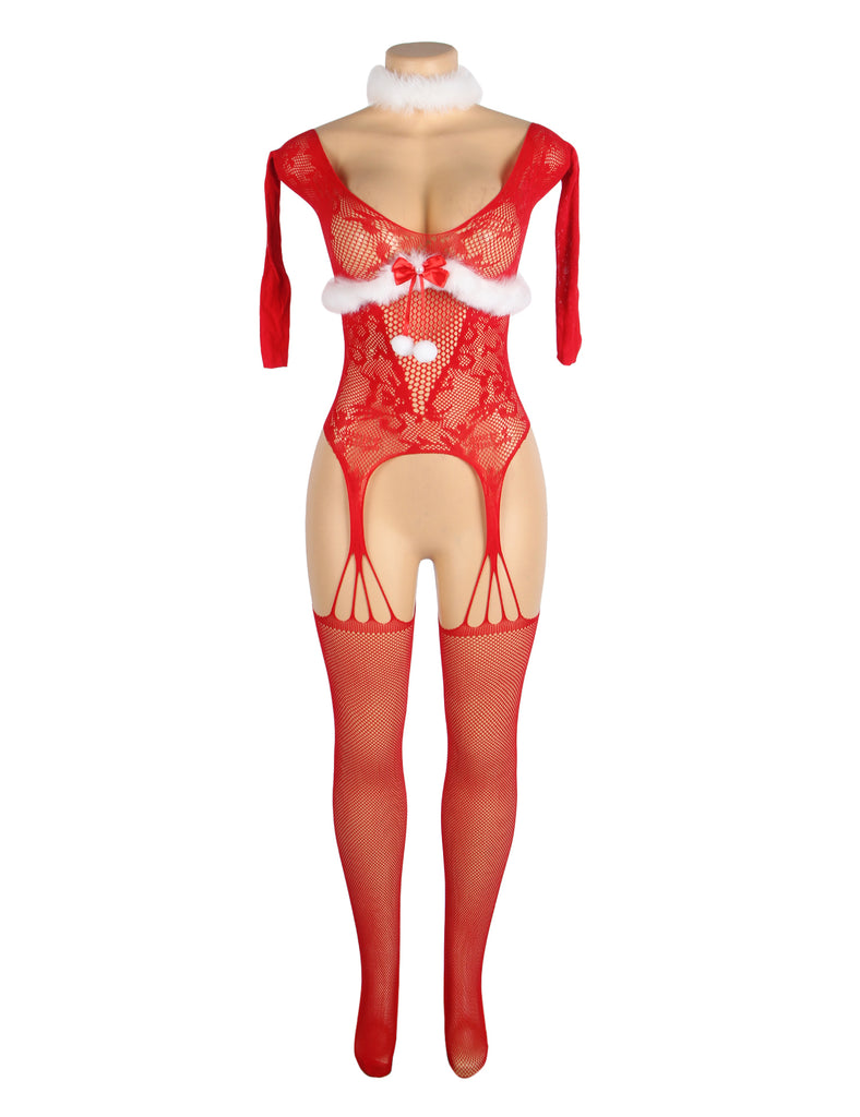 Christmas Egypt Red Sexy Bow Plush Decoration Long Sleeves Fishnet Bodystocking