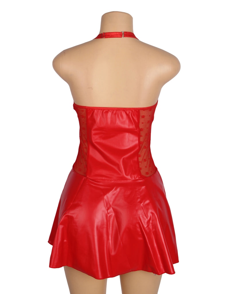 Black & Red PU Leather Lace Sexy Egypt Halter Lingerie With Garter Belt