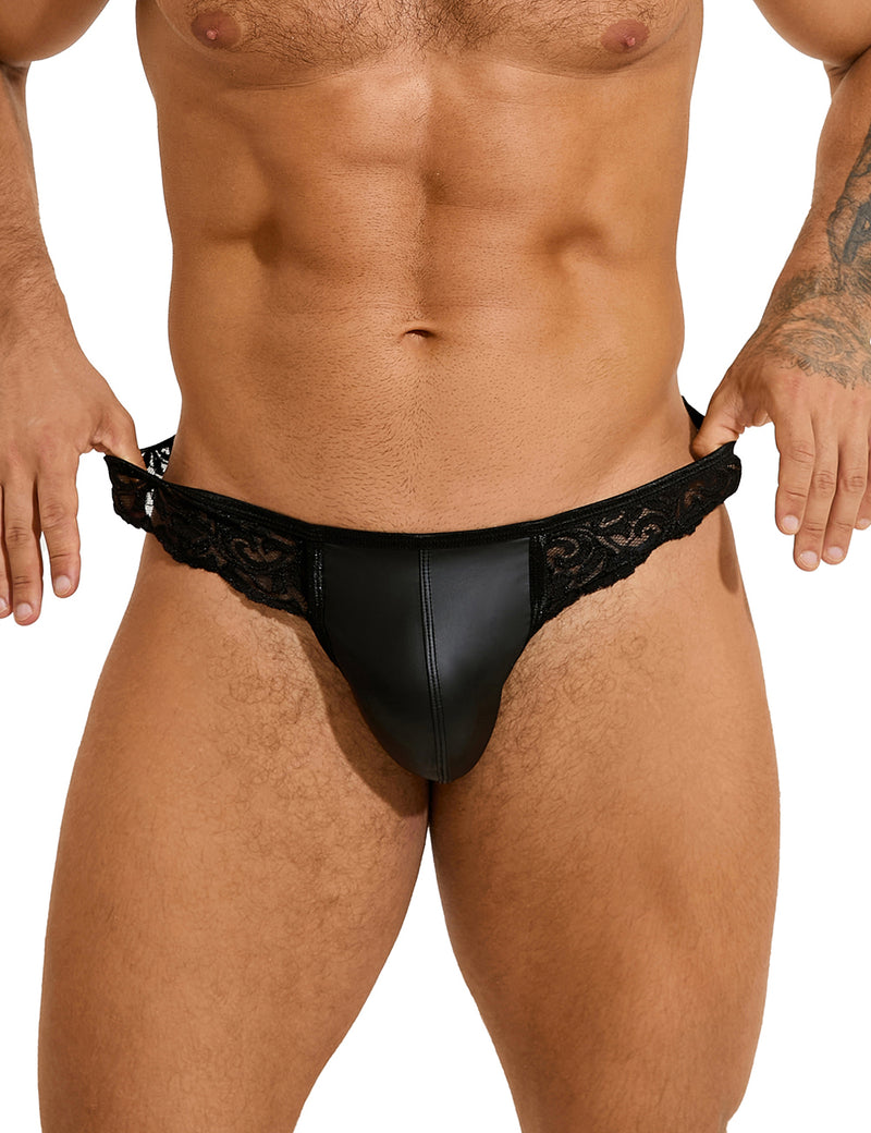Black Sexy PU Leather Lace Men Thong Underwear