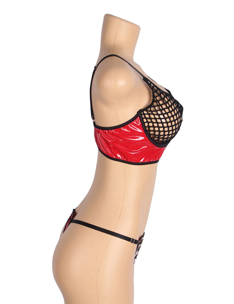 Red Sexy Egypt Patent Leather Mesh Zippered Bra Set