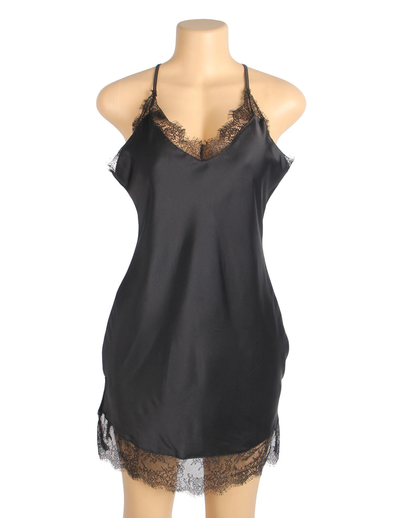 Black Sexy Egypt Satin Eyelash Lace Suspender Nightdress