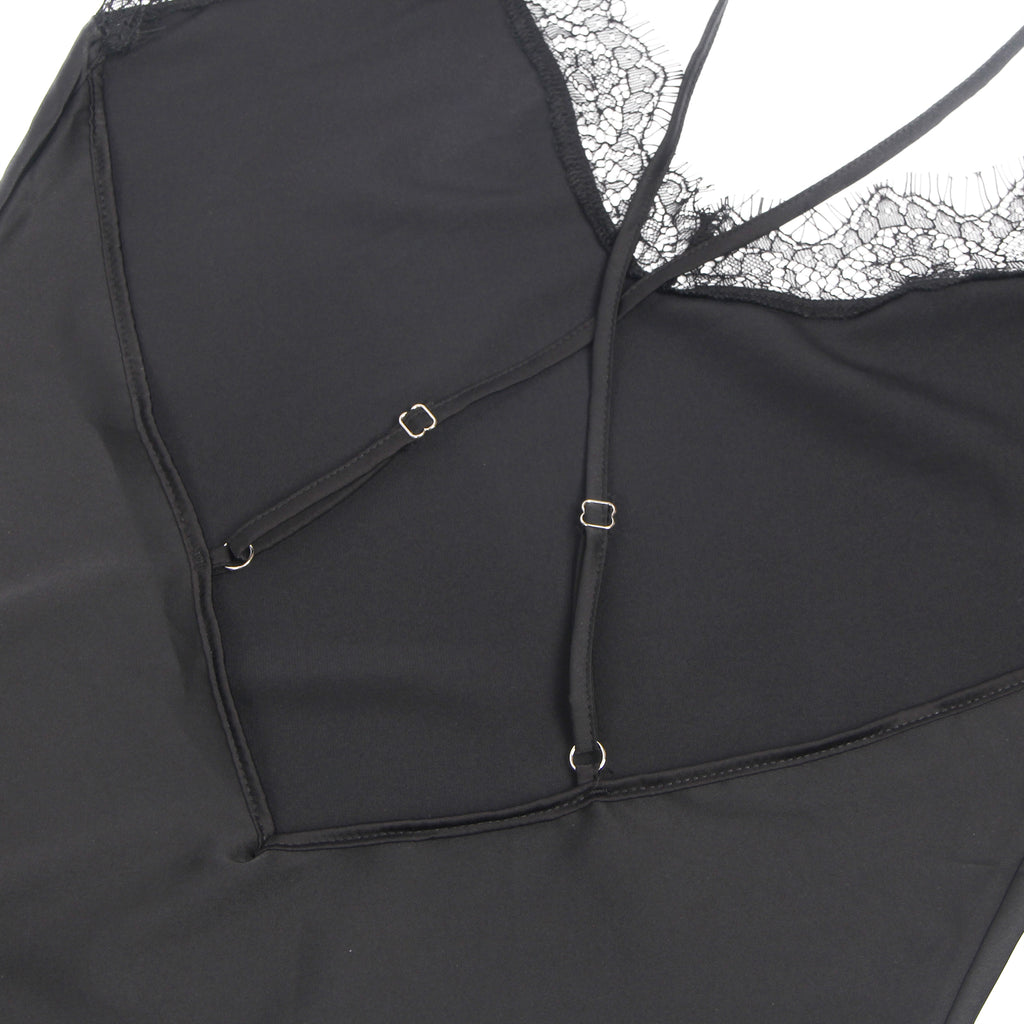 Black Sexy Egypt Satin Eyelash Lace Suspender Nightdress