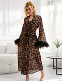 Sexy Leopard Print Chiffon Feather Long Robe Egypt With Belt