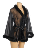 Sexy Mesh Mink Fur Trim Short Robe Egypt With Belt