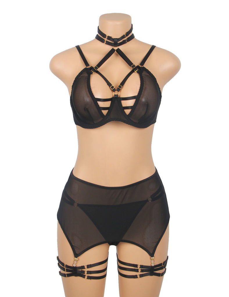 Black Mesh Underwire Garter Lingerie Egypt Set