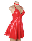 Red Sexy Deep V-Neck Wet Look Faux Leather Suspender Nightdress Egypt