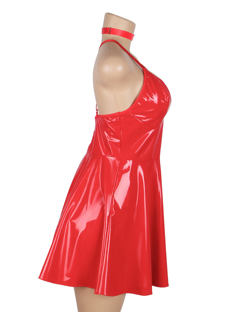 Red Sexy Deep V-Neck Wet Look Faux Leather Suspender Nightdress Egypt